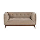 Pezsgőszínű bársonnyal kárpitozott, 2 személyes kanapé.