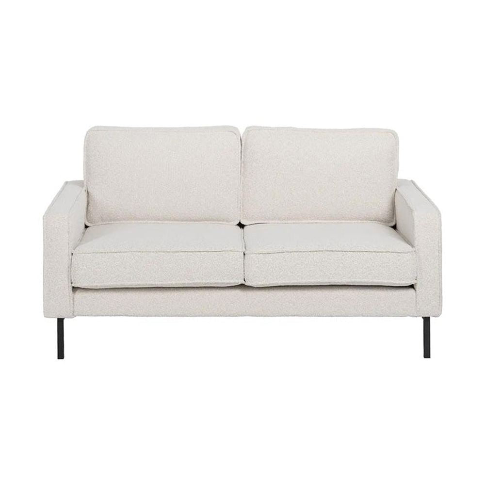 Fehér színű szövettel kárpitozott, 2 személyes kanapé.