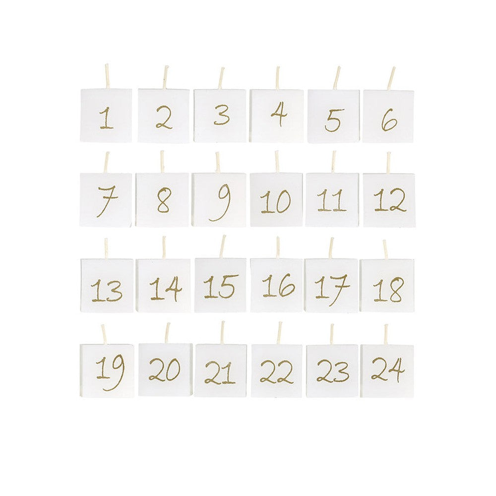 Antik fehér színű paraffinból készült, aranyszínű számokkal díszített, kocka formájú, 24 db-os adventi gyertya szett.