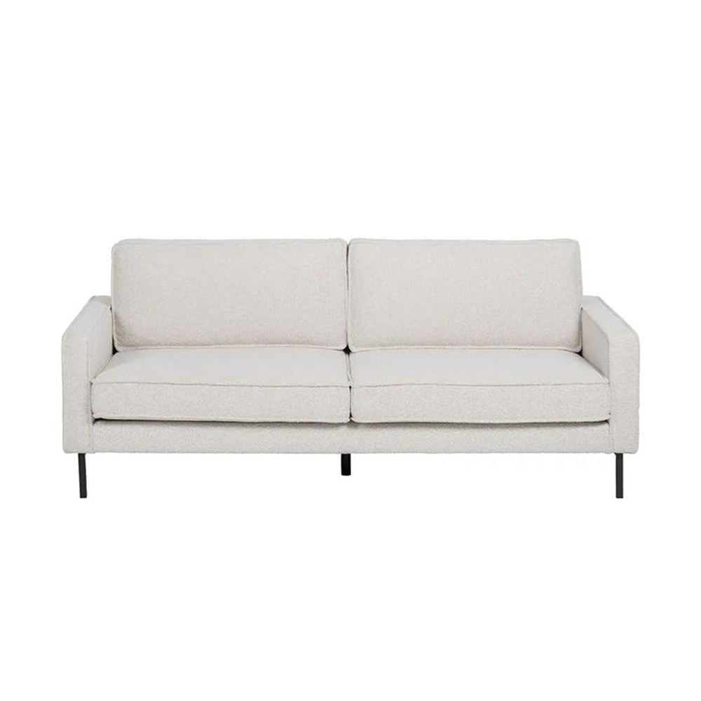 Fehér színű szövettel kárpitozott, 3 személyes kanapé.