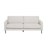 Fehér színű szövettel kárpitozott, 3 személyes kanapé.