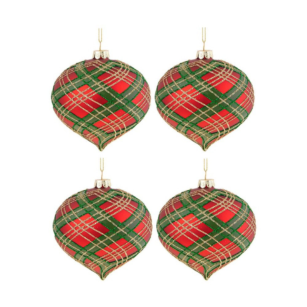 Skót kockás mintázatú, üveg karácsonyfadísz szett.