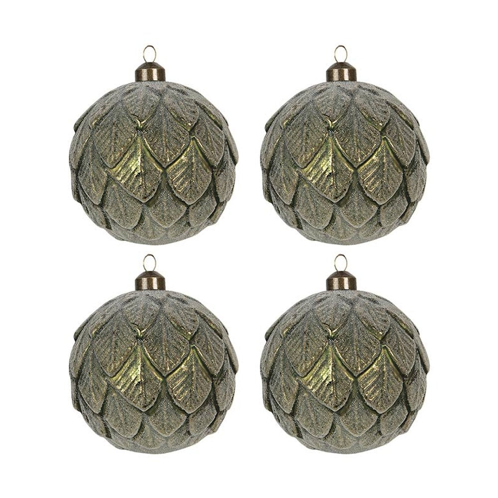 Tobozformájú, deres felületű, zöldarany színű üveg karácsonyfadísz szett.