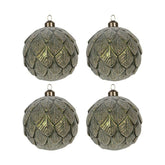 Tobozformájú, deres felületű, zöldarany színű üveg karácsonyfadísz szett.