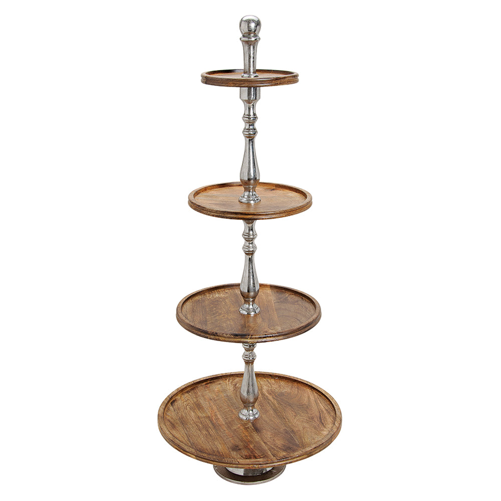 Mangófából és alumíniumból készült, 4 szintes kínálóállvány.