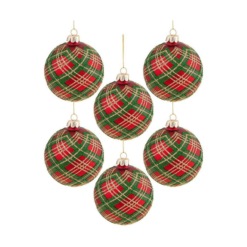Skót kockás mintázatú, üveg karácsonyfadísz szett.
