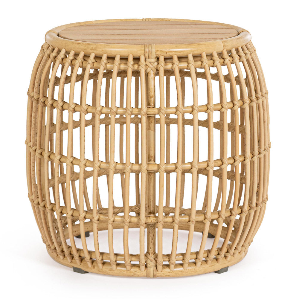 Mediterrán, natúr színű, bambuszhatású alumíniumból készült, kerti dohányzóasztal teakfa fedlappal