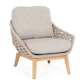 Kortárs stílusú, bézs színű, design kerti fotel natúr színű teakfa lábakkal