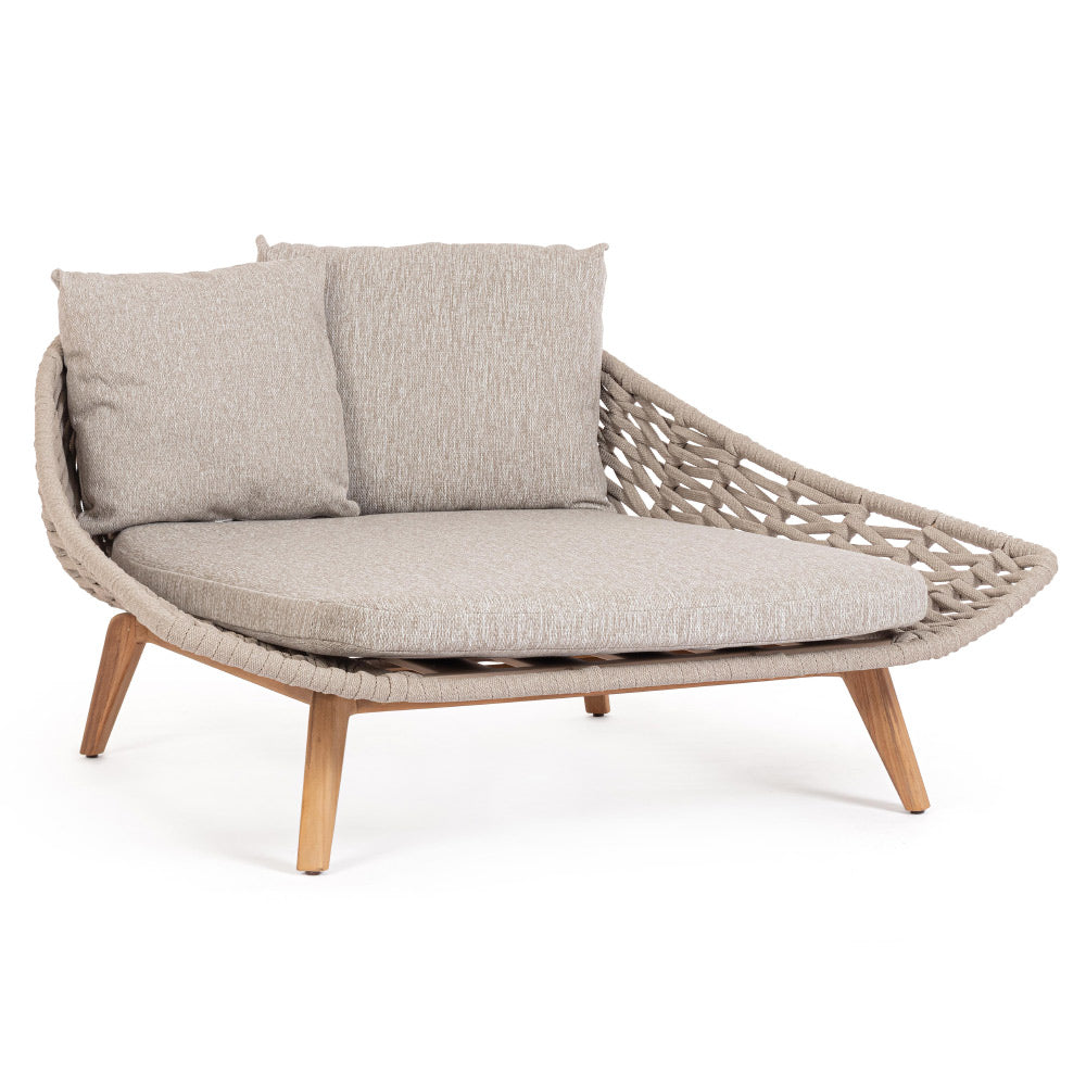 Kétszemélyes, bézs színű, design kerti pihenőágy natúr színű teakfa lábakkal