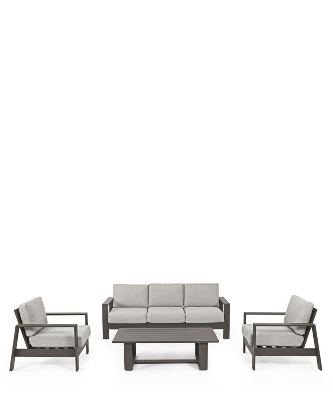 Kortárs stílusú, négy részes, szürke színű, fém kerti bútor szett szürke színű, olefin kárpitozású ülőfelülettel