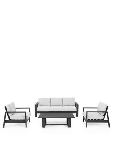 Kortárs stílusú, négy részes, fekete színű, fém kerti bútor szett fehér színű, olefin kárpitozású ülőfelülettel