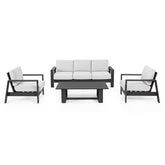 Kortárs stílusú, négy részes, fekete színű, fém kerti bútor szett fehér színű, olefin kárpitozású ülőfelülettel