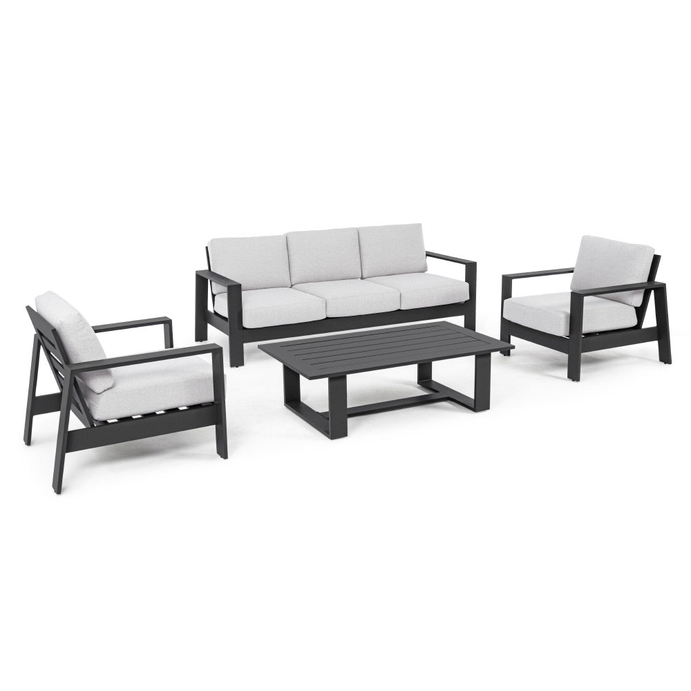 Kortárs stílusú, négy részes, fekete színű, fém kerti bútor szett fehér színű, olefin kárpitozású ülőfelülettel