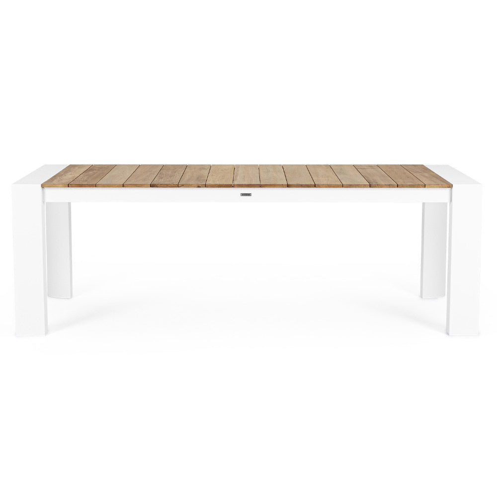 Bővíthető, fehér színű alumínium étkezőasztal natúr színű teakfa fedlappal.