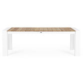 Bővíthető, fehér színű alumínium étkezőasztal natúr színű teakfa fedlappal.