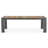 Bővíthető, sötétszürke színű alumínium étkezőasztal natúr színű teakfa fedlappal.