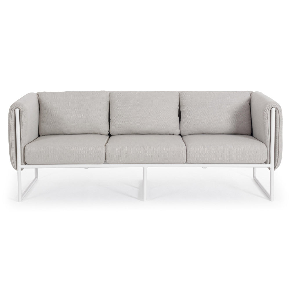 Kortárs stílusú, fehér és bézs színű, alumíniumvázas, 3 személyes kerti design kanapé.