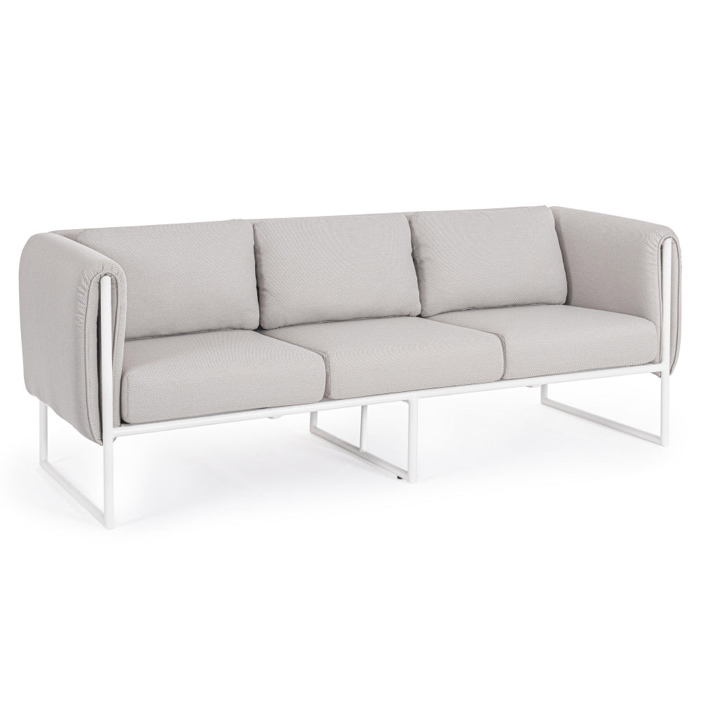 Kortárs stílusú, fehér és bézs színű, alumíniumvázas, 3 személyes kerti design kanapé.