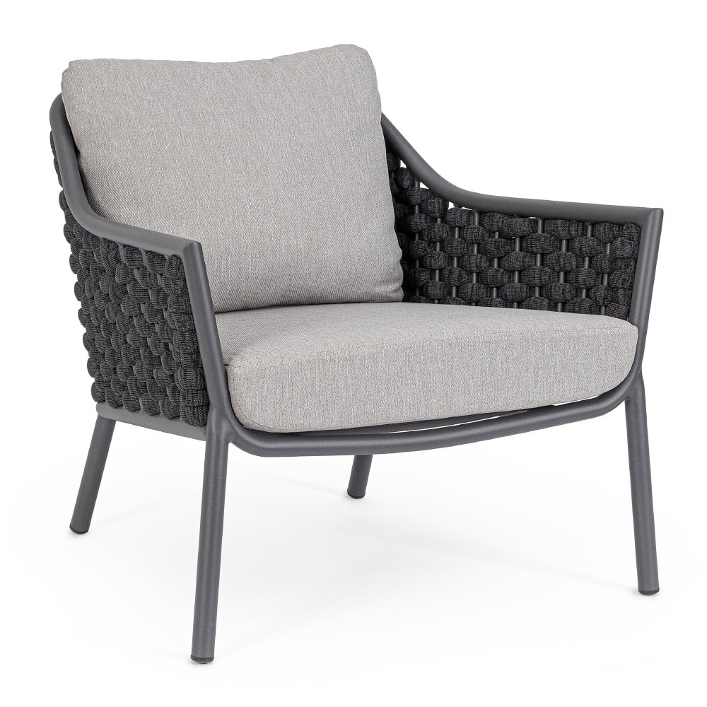 Szürke színű, design kerti fotel alumínium vázzal, kötélfonat burkolattal