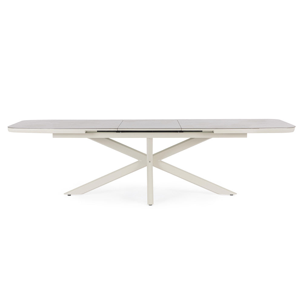 Kortárs, bézs színű, alumíniumvázzal rendelkező, bővíthető kültéri asztal.