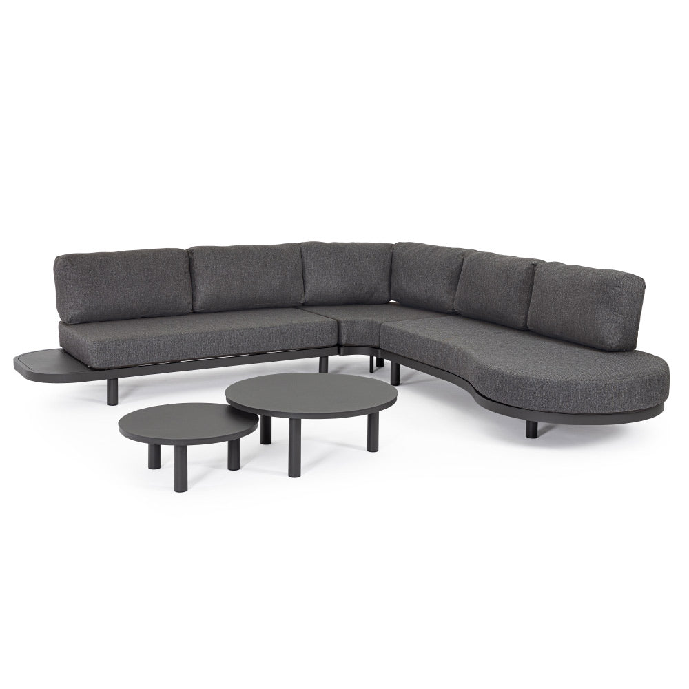 Kortárs fekete alumíniumból készült, kerti ülőgarnitúra grafitszürke ülő- és hátpárnákkal.