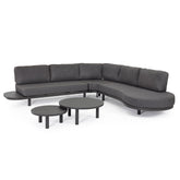 Kortárs fekete alumíniumból készült, kerti ülőgarnitúra grafitszürke ülő- és hátpárnákkal.