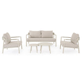 Kortárs, bézs alumíniumból készült, kerti ülőgarnitúra homokszínű ülő- és hátpárnákkal.