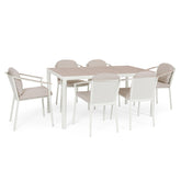 Kalimera 7 darabos fehér alumínium kerti étkezőgarnitúra bézs párnás székekkel – teljes szett nézet