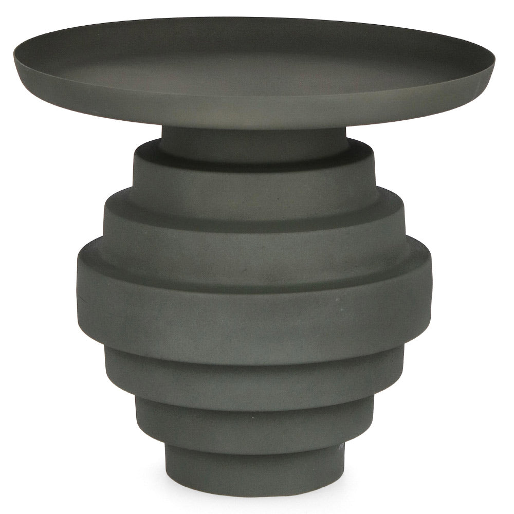 Kortárs stílusú, 40 cm átmérőjű, matt szürkészöld színű, fém kisasztal