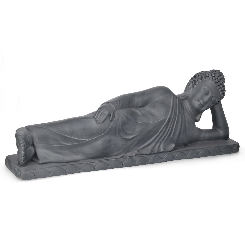 Fekete fekvő Buddha szobor 121 cm – keleti stílusú kültéri dekoráció, teljes nézet