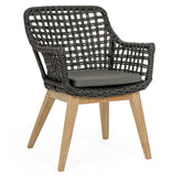 Kortárs stílusú, alumínium vázas, fekete színű kerti szék rostfonatokkal és natúr színű teakfa lábakkal