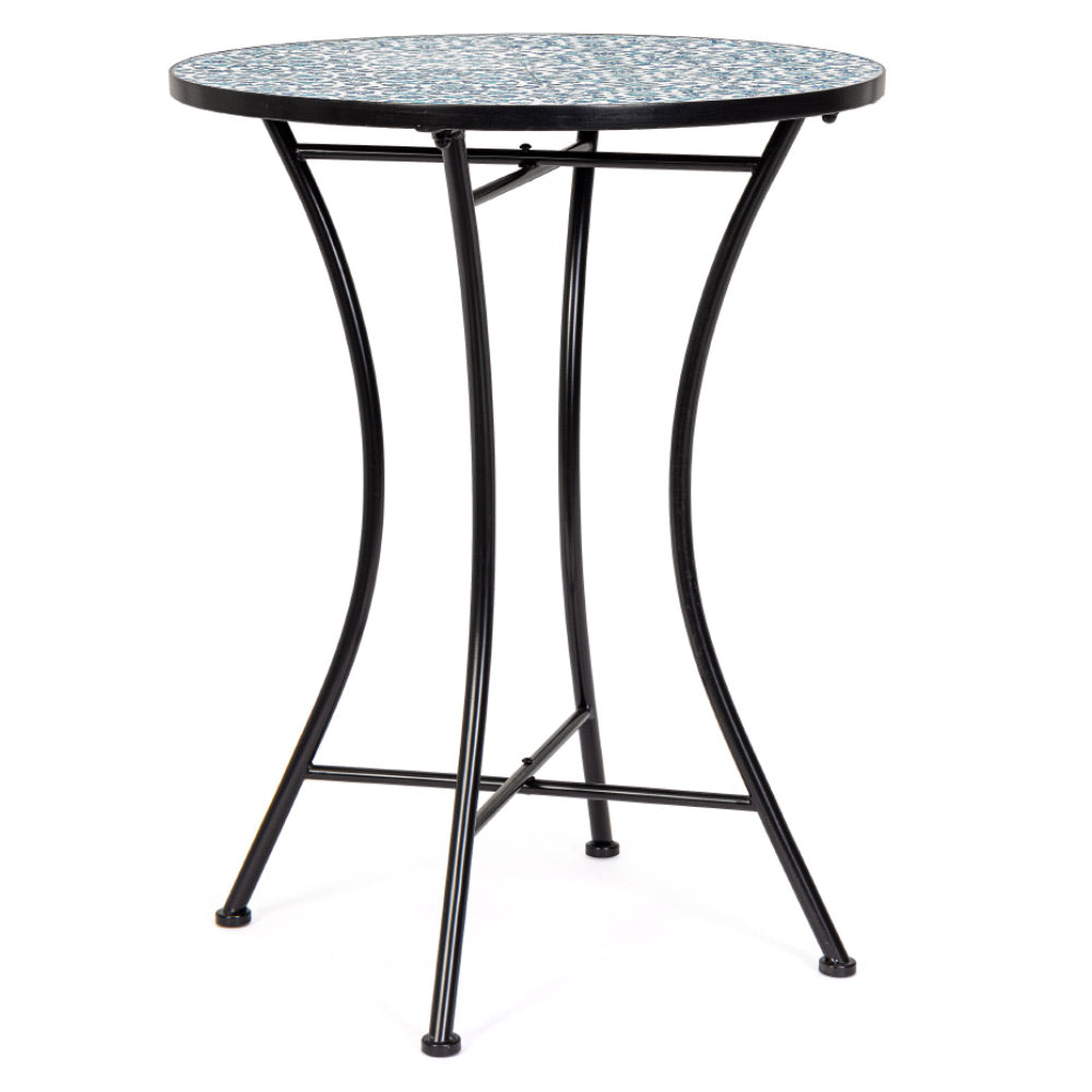 Mediterrán stílusú, fekete színű, fém kerti asztal kék színű, kerámia berakásokkal