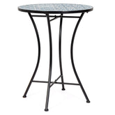 Mediterrán stílusú, fekete színű, fém kerti asztal kék színű, kerámia berakásokkal