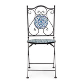 Mediterrán stílusú, fekete színű, fém kültéri szék kék színű, kerámia berakásokkal