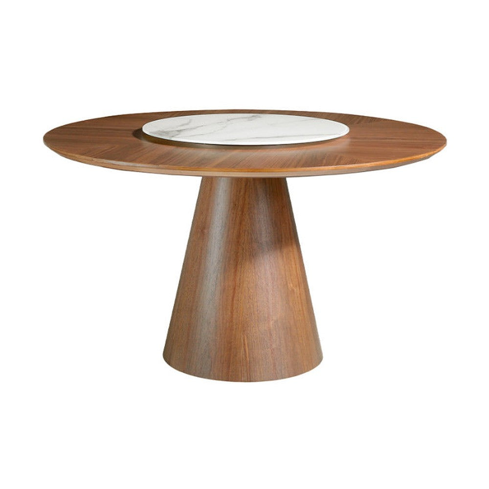 Kortárs stílusú, diófa furnérral borított, dizájn étkezőasztal forgatható porcelán betéttel.