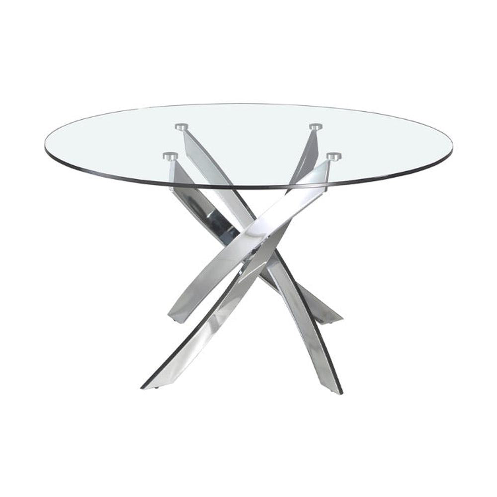 Kortárs stílusú, krómszínű, acélból készült, dizájn étkezőasztal edzett üveglappal.