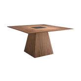 Kortárs stílusú, diófa furnérral borított, formatervezett, dizájn étkezőasztal üvegbetéttel.