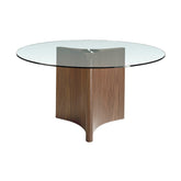 Kortárs stílusú, diófurnérral borított fenyőfából készült, dizájn étkezőasztal edzett üveglappal.