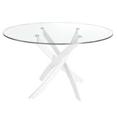 Kortárs stílusú, fehér színű, rozsdamentes acélból készült, formatervezett étkezőasztal edzett üveglappal.