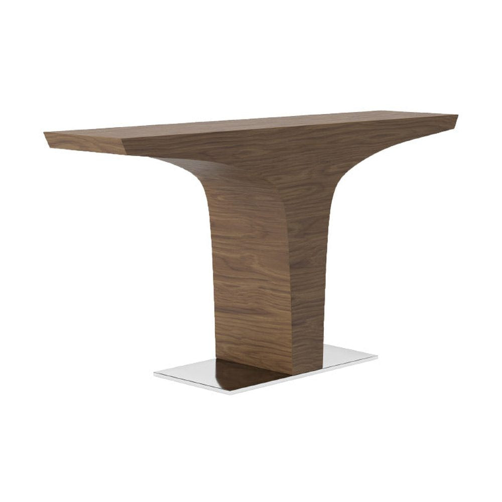 Kortárs, diófa furnérral borított, T-alakú, dizájn konzolasztal acél talapzattal.