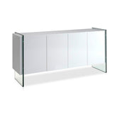 Kortárs stílusú, magasfényű, fehér színű lakkal festett, dizájn komódszekrény edzett üveg lábakkal.