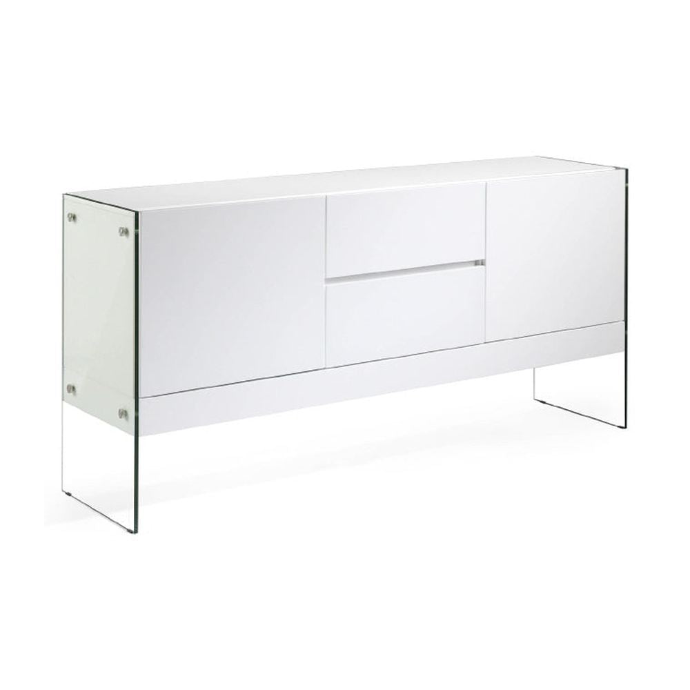 Kortárs stílusú,magasfényű, fehér lakkal festett, dizájn komódszekrény edzett üveg lábakkal.