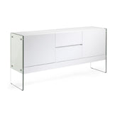 Kortárs stílusú,magasfényű, fehér lakkal festett, dizájn komódszekrény edzett üveg lábakkal.