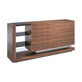 Kortárs stílusú, diófa furnérral borított, dizájn tálaló fekete színezésű, edzett üvegpolcokkal.