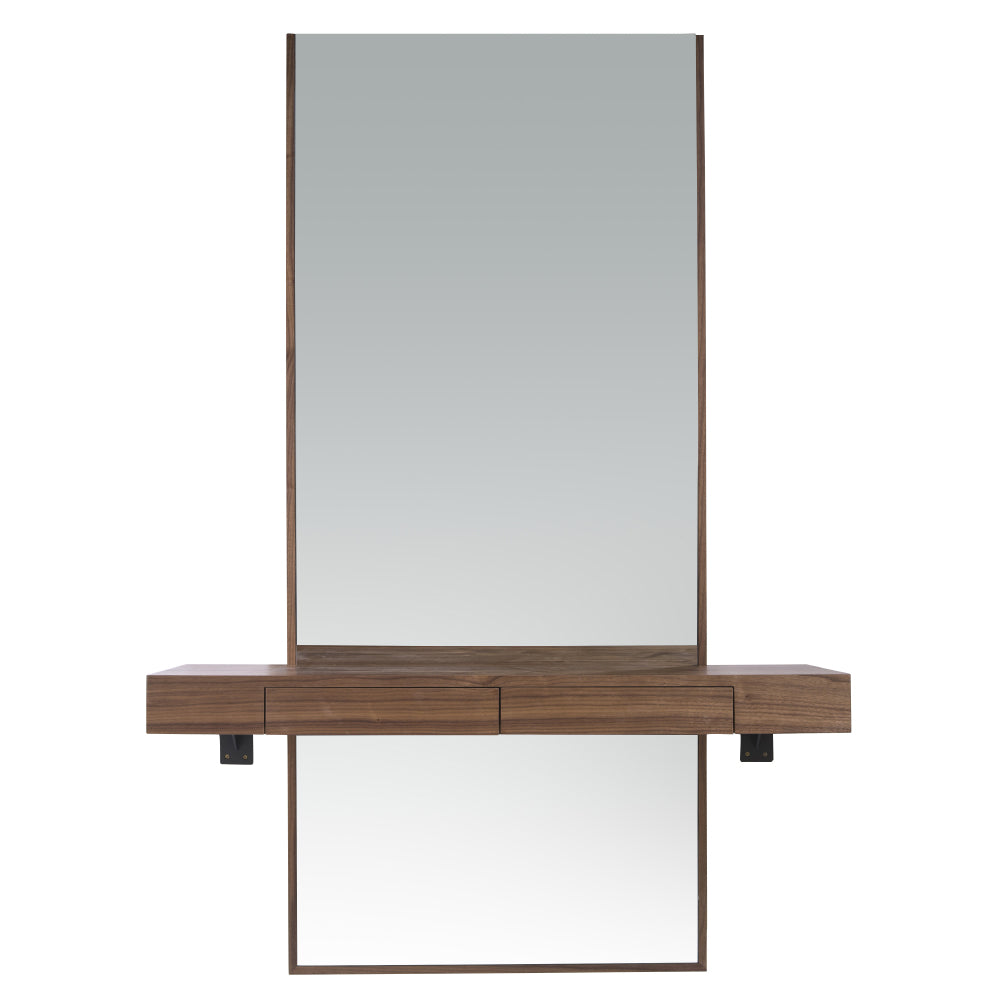 Kortárs stílusú, diófa furnérral borított dizájn falitükör fiókos polccal.