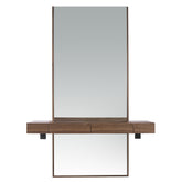 Kortárs stílusú, diófa furnérral borított dizájn falitükör fiókos polccal.