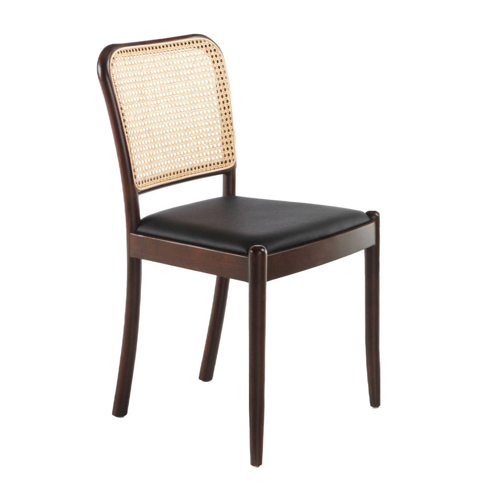 Angel Cerdá kőrisfa étkezőszék rattan háttámlával és fekete műbőr ülőfelülettel