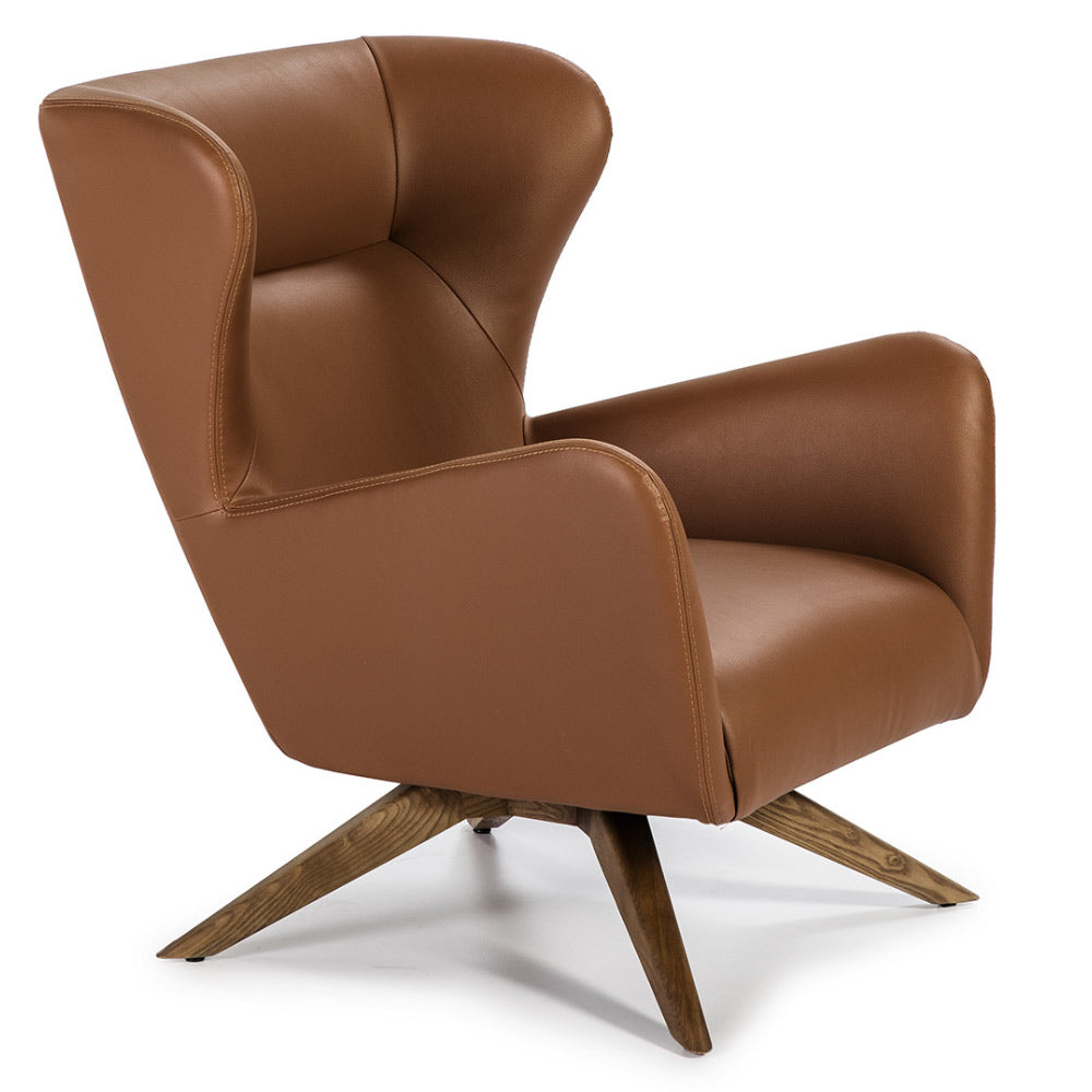 Kortárs stílusú, barna színű műbőrrel kárpitozott, forgatható, dizájn pihenőfotel