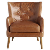 Kortárs stílusú, whiskey-barna bőrrel kárpitozott, dizájn fotel, kőrisfa lábakkal