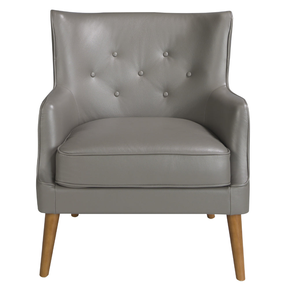 Kortárs stílusú, hamuszürke bőrrel kárpitozott, dizájn fotel, kőrisfa lábakkal